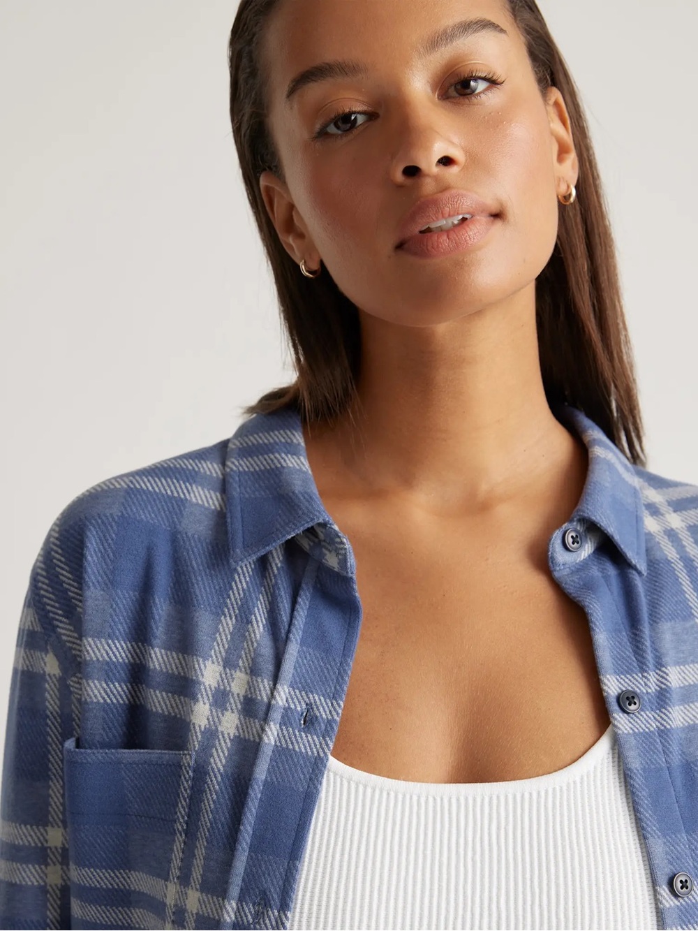 NWT Quince Stretch Sweater Fleece Shirt Indigo Check Plaid Blue XS Button Up - Picture 2 of 12